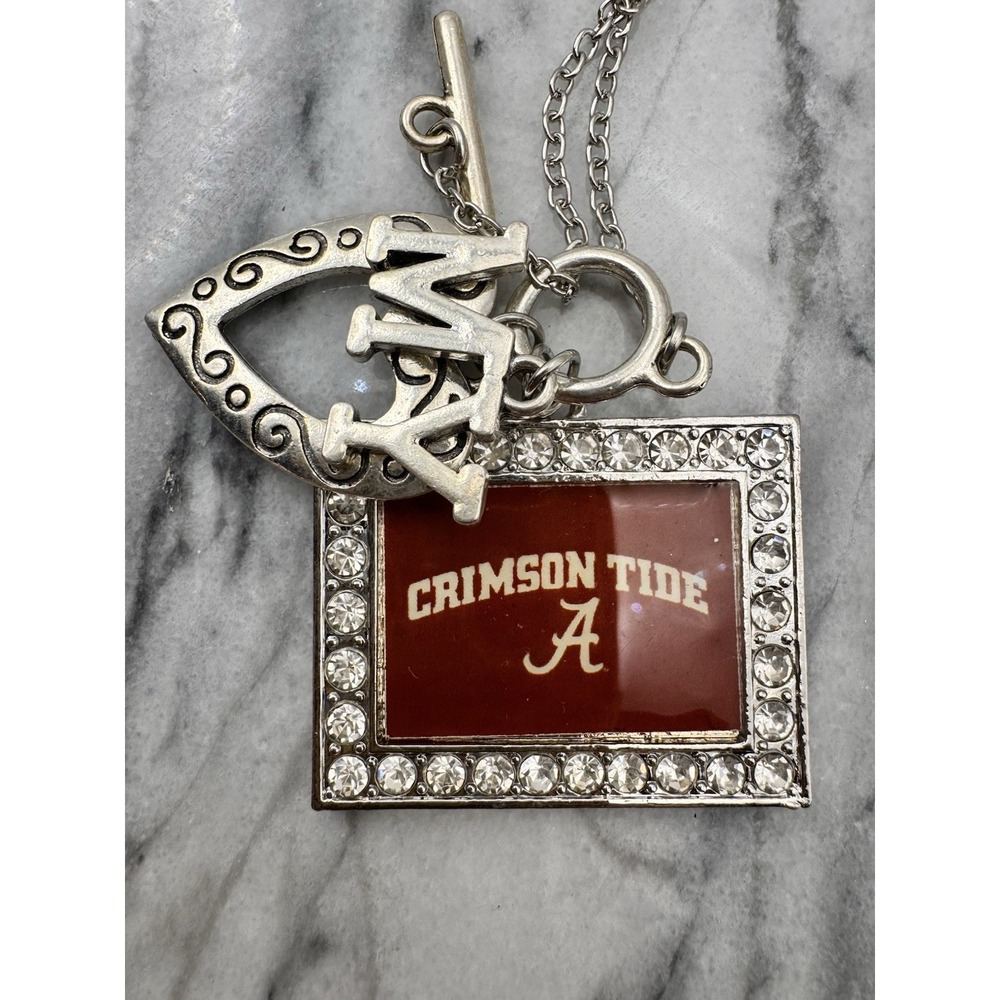 Alabama Crimson Tide Charm Necklace Silver‎ Tone Rhinestone Bama Fan Jewelry